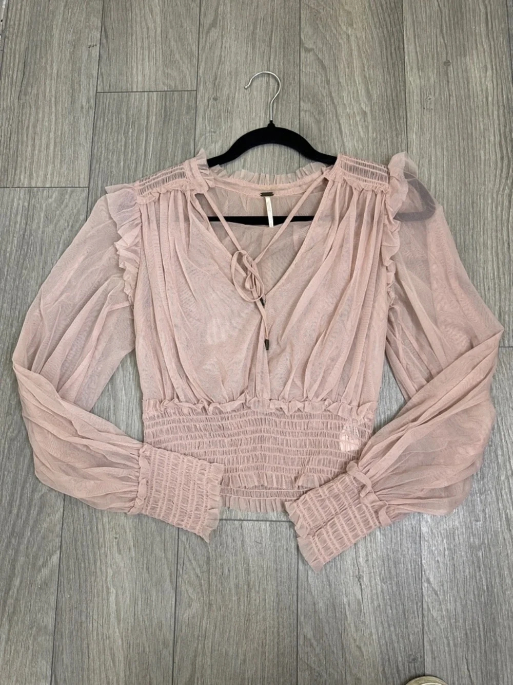 Free People Twyla Sheer Blouse Dusty Rose Pink Tie Front Ruffle Top Size S